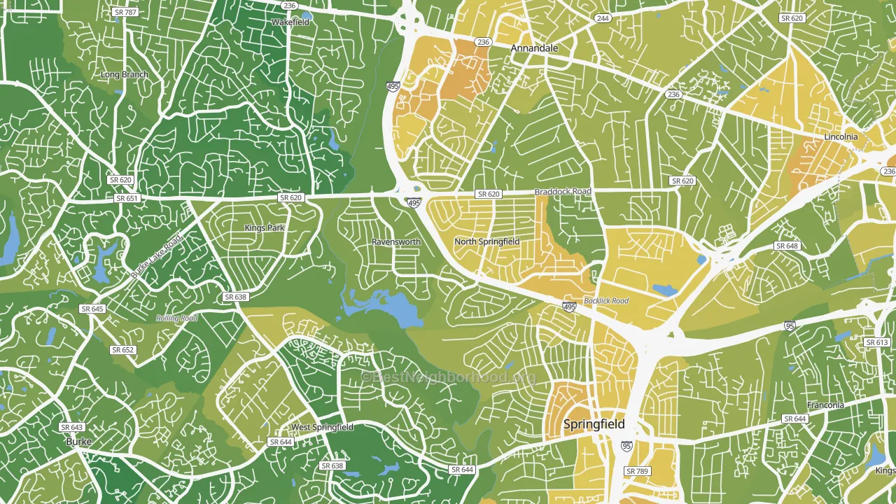 Map of the best neighborhoods in the 22151 area, with better matches in green and worse matches in red