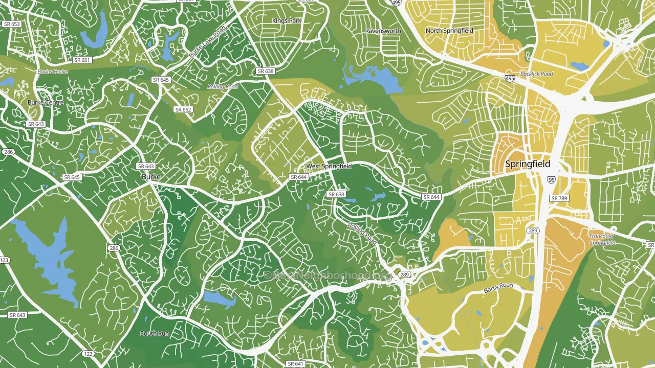 Map of the best neighborhoods in the 22152 area, with better matches in green and worse matches in red