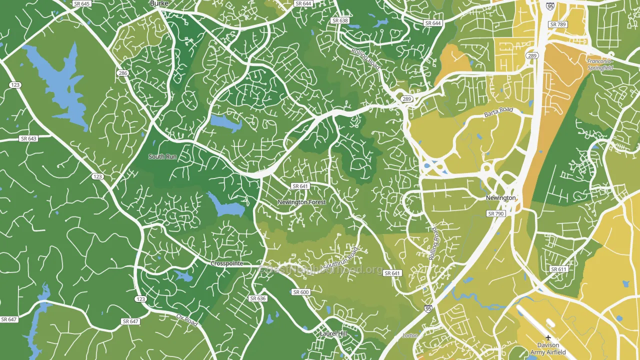 Map of the best neighborhoods in the 22153 area, with better matches in green and worse matches in red