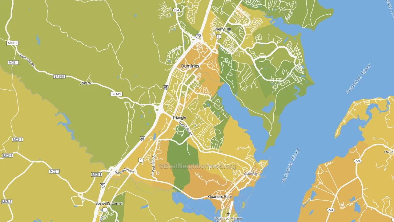 Map of the best neighborhoods in the 22172 area, with better matches in green and worse matches in red