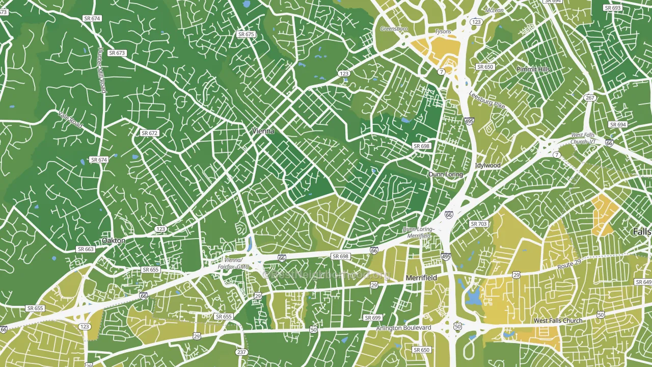 Map of the best neighborhoods in the 22180 area, with better matches in green and worse matches in red