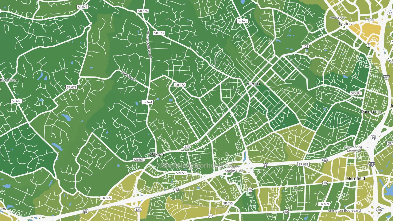 Map of the best neighborhoods in the 22181 area, with better matches in green and worse matches in red