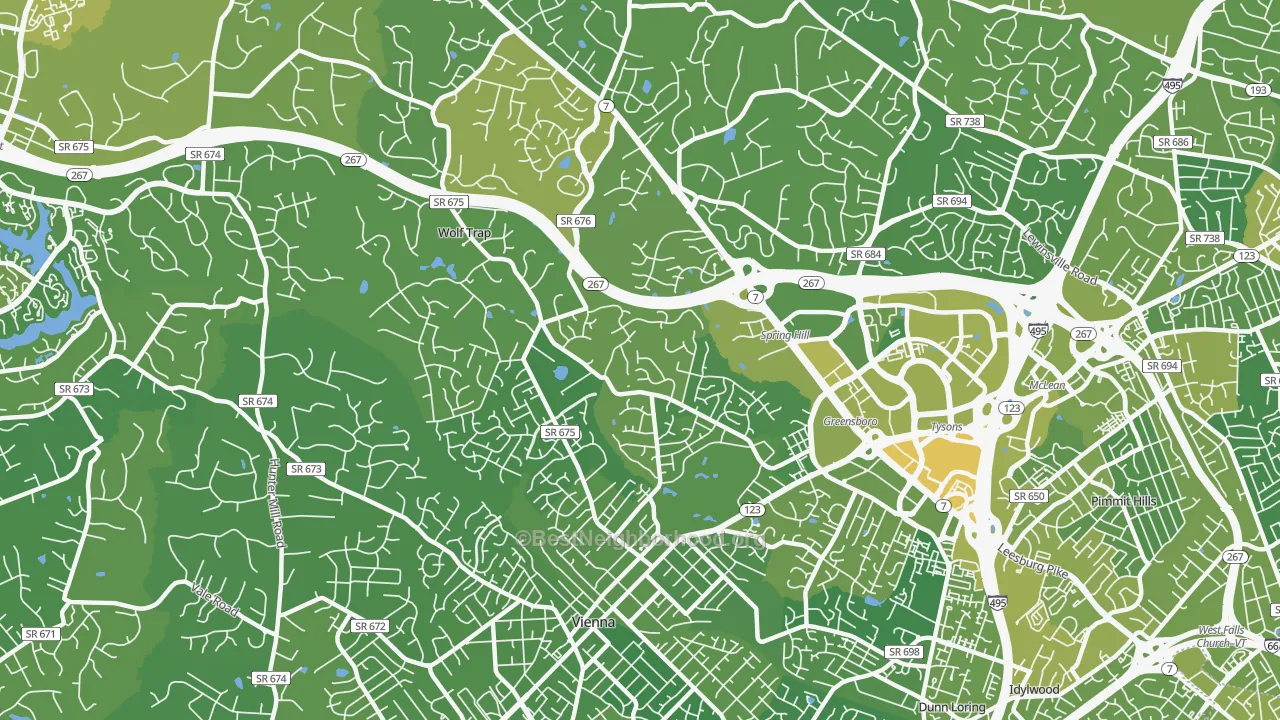 Map of the best neighborhoods in the 22182 area, with better matches in green and worse matches in red