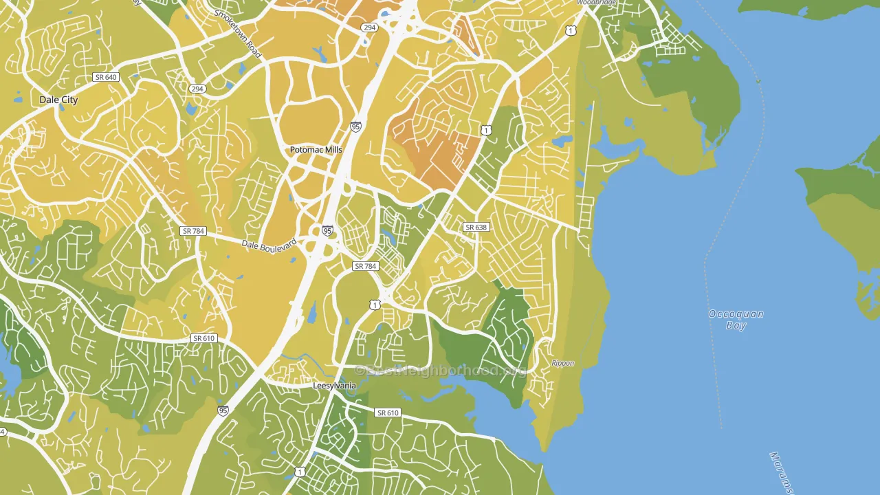 Map of the best neighborhoods in the 22191 area, with better matches in green and worse matches in red