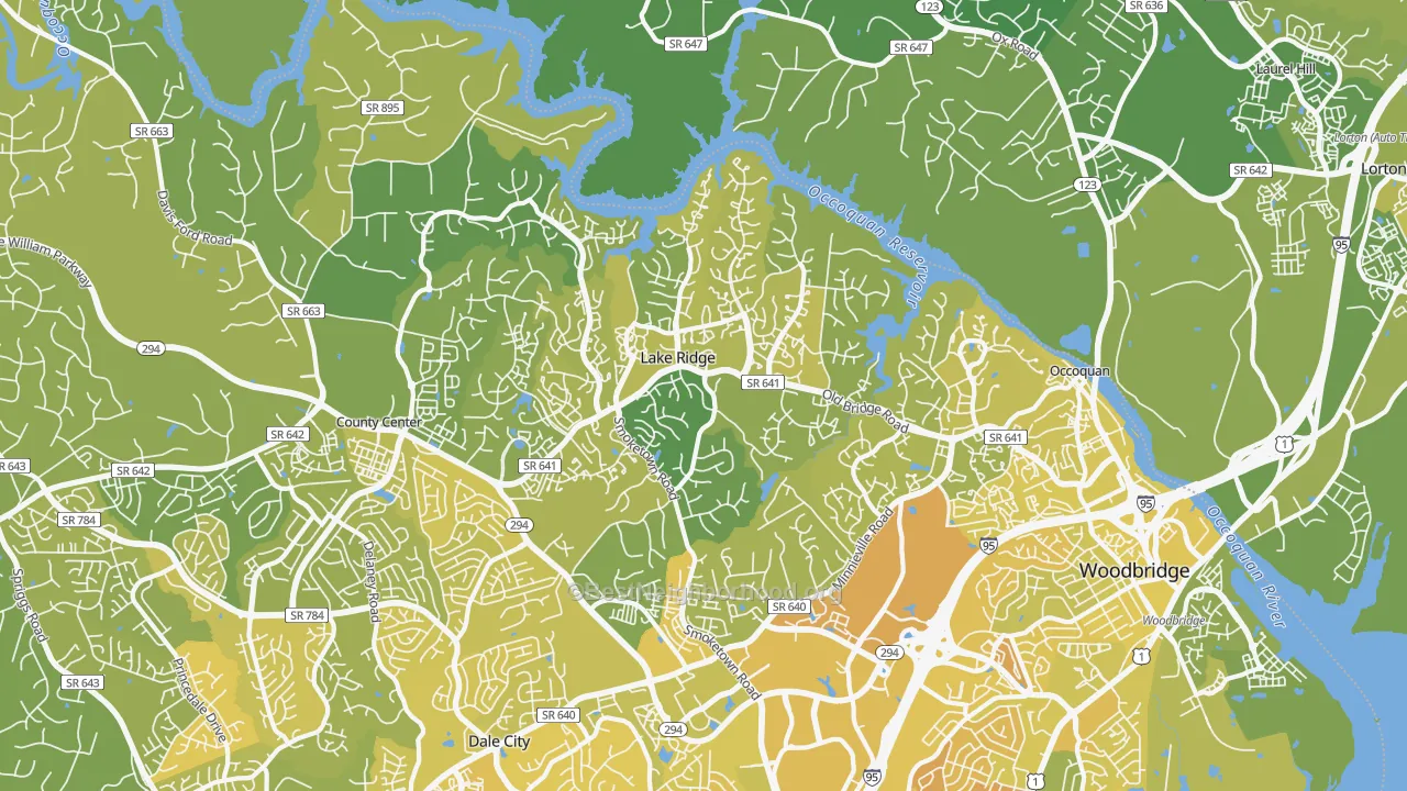 Map of the best neighborhoods in the 22192 area, with better matches in green and worse matches in red