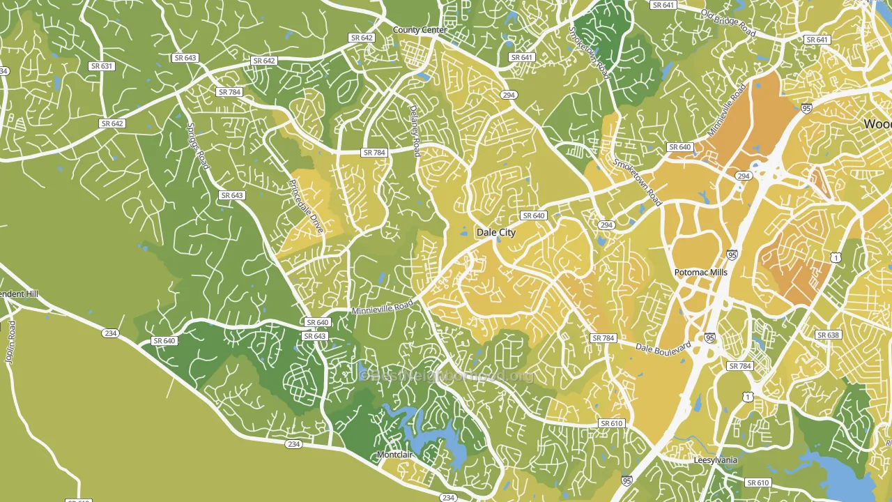 Map of the best neighborhoods in the 22193 area, with better matches in green and worse matches in red