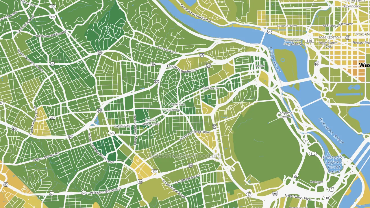 Map of the best neighborhoods in the 22201 area, with better matches in green and worse matches in red