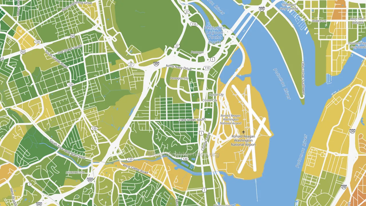 Map of the best neighborhoods in the 22202 area, with better matches in green and worse matches in red