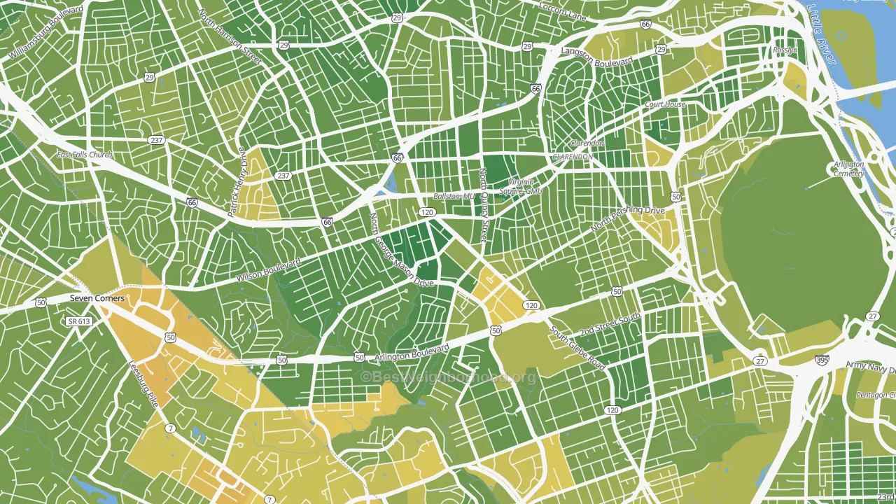 Map of the best neighborhoods in the 22203 area, with better matches in green and worse matches in red