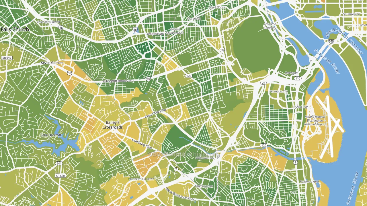 Map of the best neighborhoods in the 22204 area, with better matches in green and worse matches in red