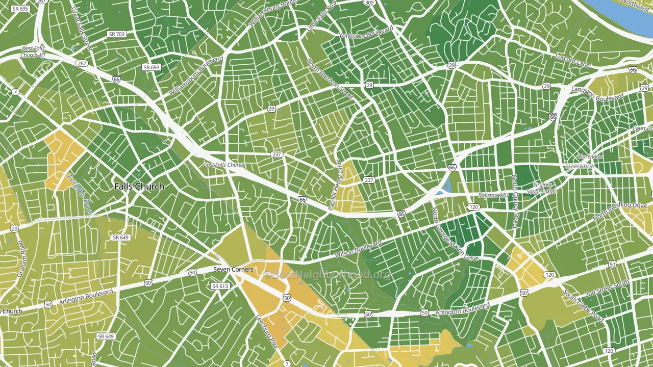 Map of the best neighborhoods in the 22205 area, with better matches in green and worse matches in red
