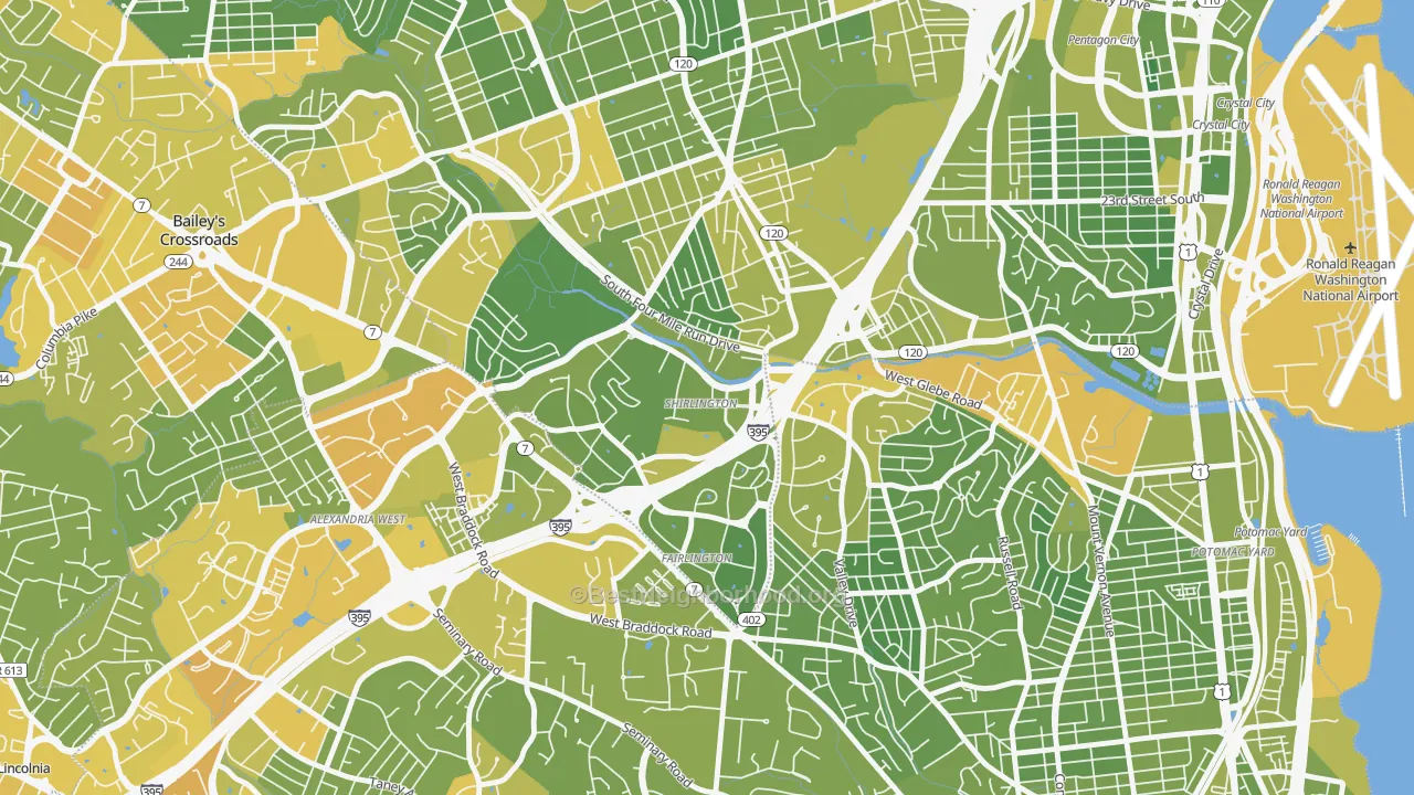 Map of the best neighborhoods in the 22206 area, with better matches in green and worse matches in red