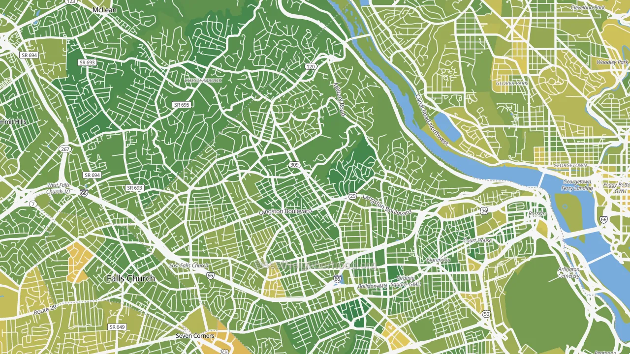Map of the best neighborhoods in the 22207 area, with better matches in green and worse matches in red