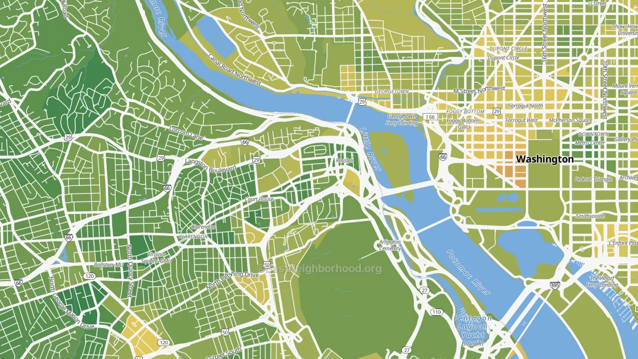 Map of the best neighborhoods in the 22209 area, with better matches in green and worse matches in red