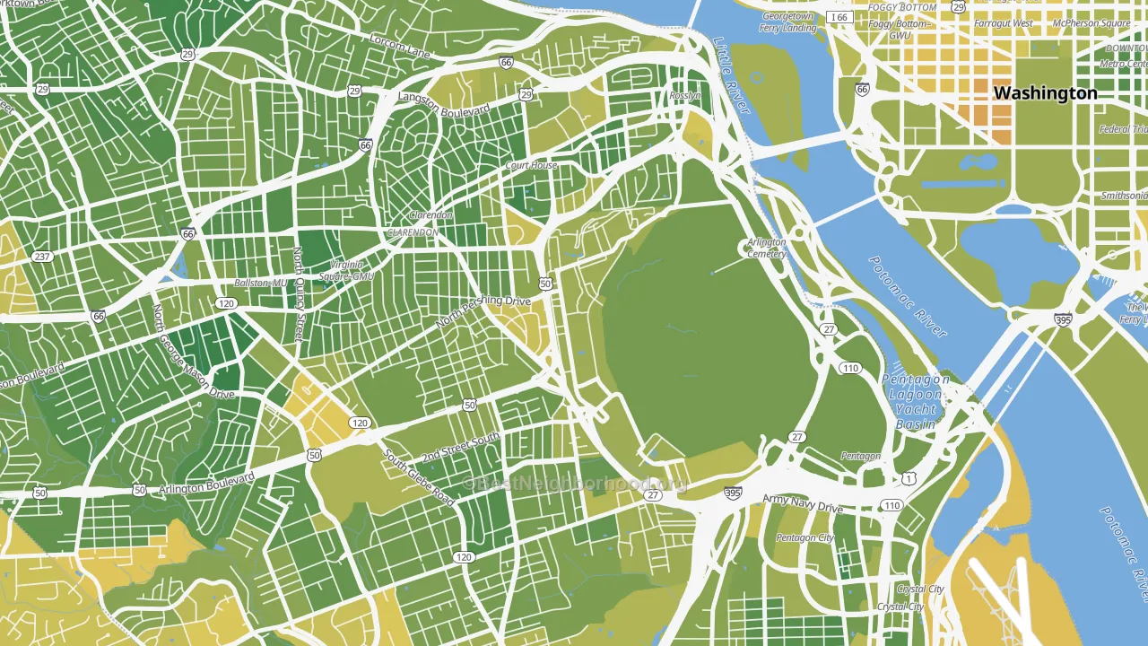 Map of the best neighborhoods in the 22211 area, with better matches in green and worse matches in red