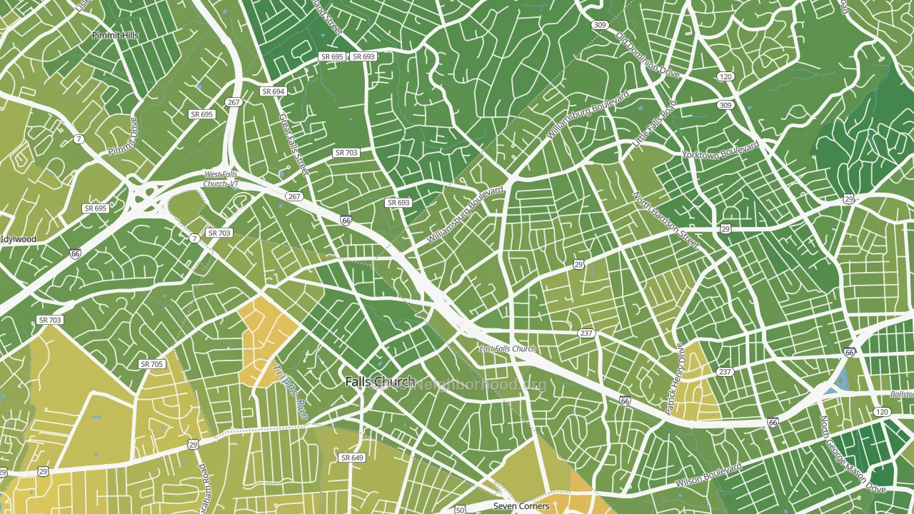 Map of the best neighborhoods in the 22213 area, with better matches in green and worse matches in red