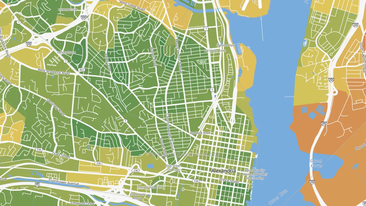 Map of the best neighborhoods in the 22301 area, with better matches in green and worse matches in red