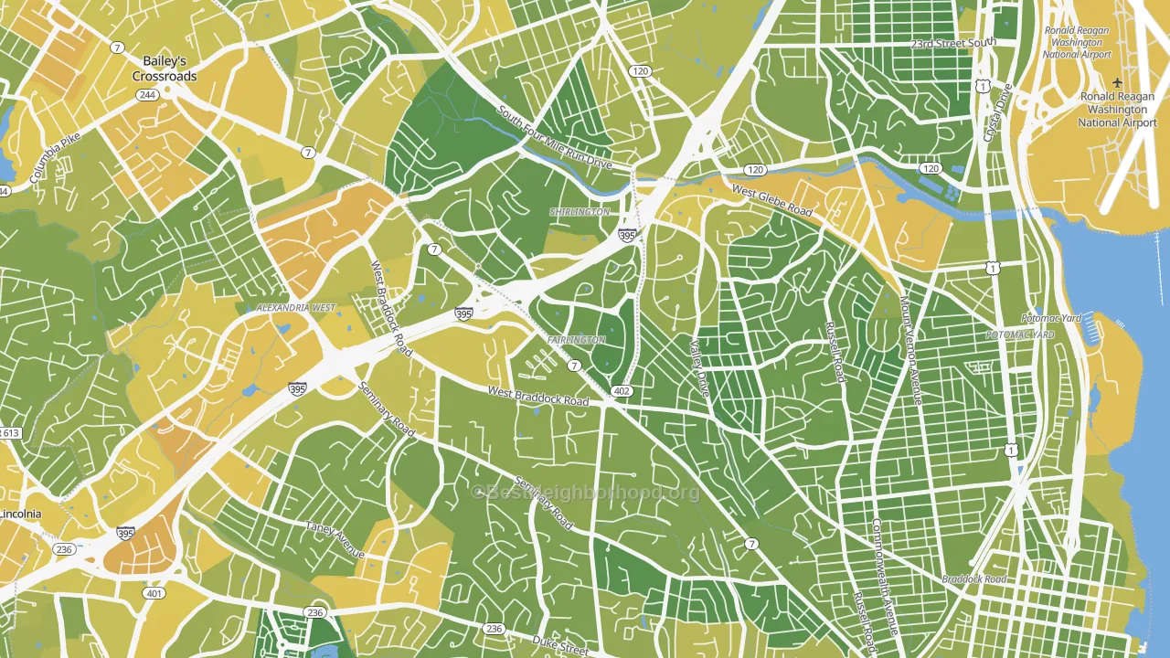 Map of the best neighborhoods in the 22302 area, with better matches in green and worse matches in red