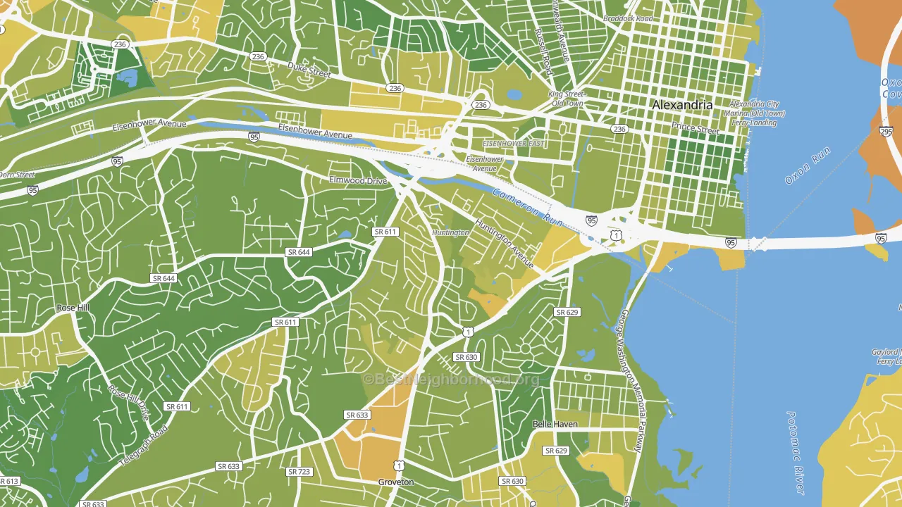 Map of the best neighborhoods in the 22303 area, with better matches in green and worse matches in red