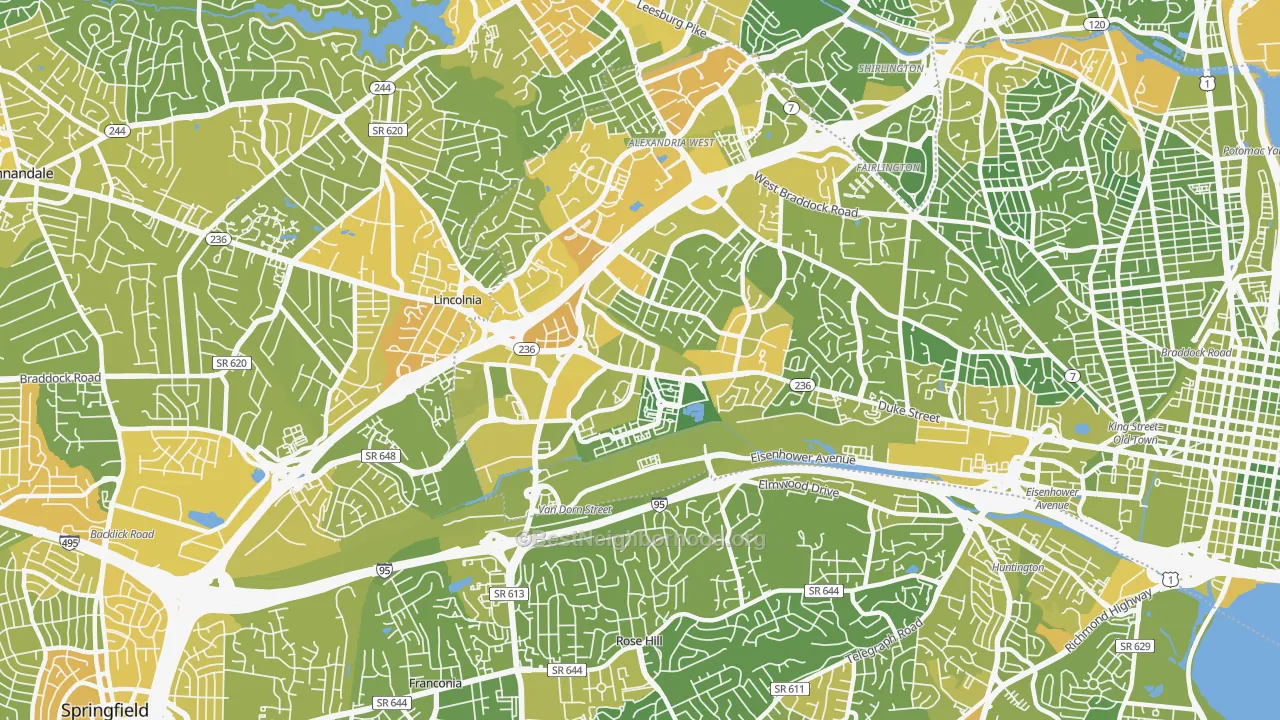 Map of the best neighborhoods in the 22304 area, with better matches in green and worse matches in red