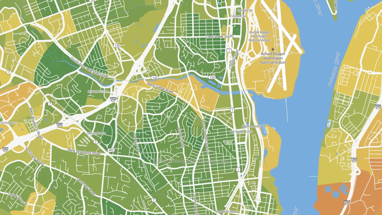 Map of the best neighborhoods in the 22305 area, with better matches in green and worse matches in red