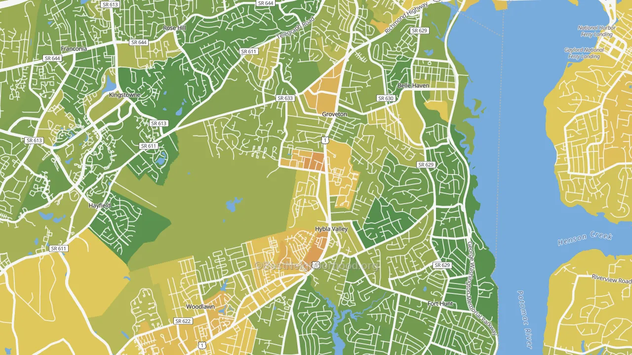Map of the best neighborhoods in the 22306 area, with better matches in green and worse matches in red