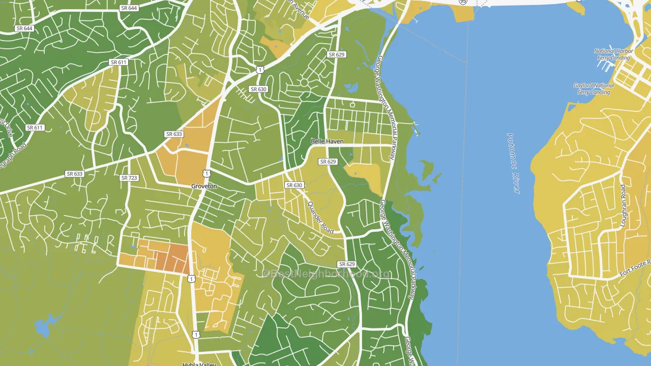 Map of the best neighborhoods in the 22307 area, with better matches in green and worse matches in red