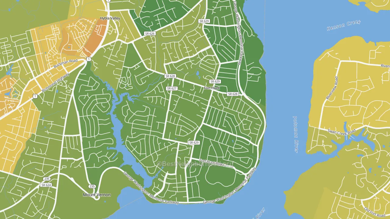 Map of the best neighborhoods in the 22308 area, with better matches in green and worse matches in red