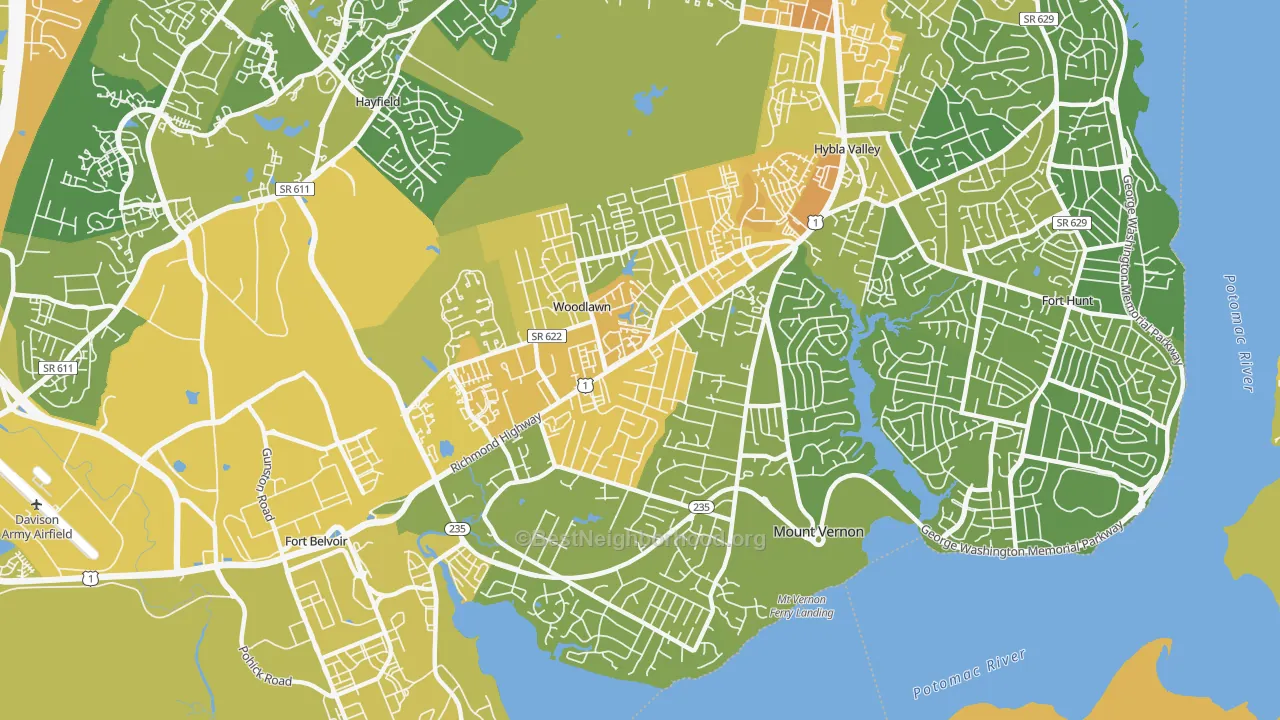 Map of the best neighborhoods in the 22309 area, with better matches in green and worse matches in red
