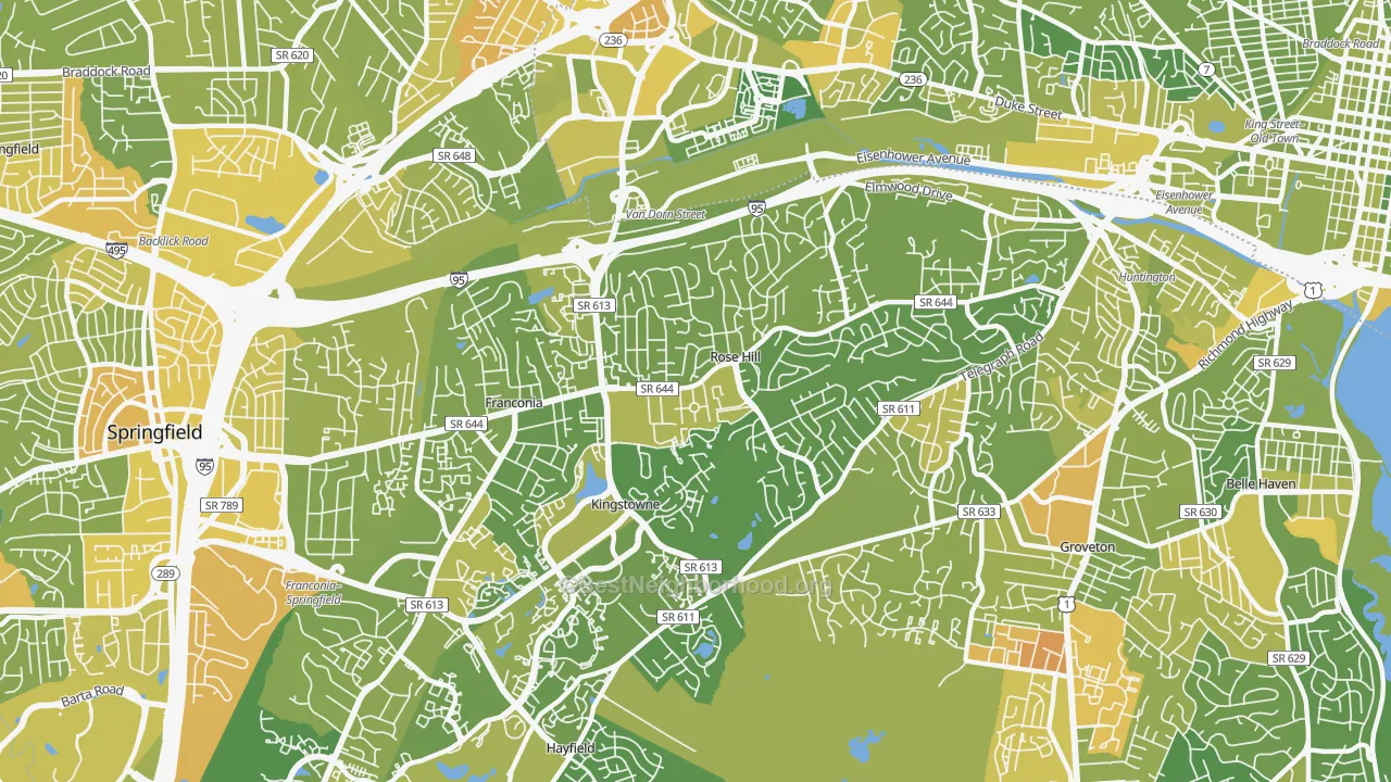 Map of the best neighborhoods in the 22310 area, with better matches in green and worse matches in red