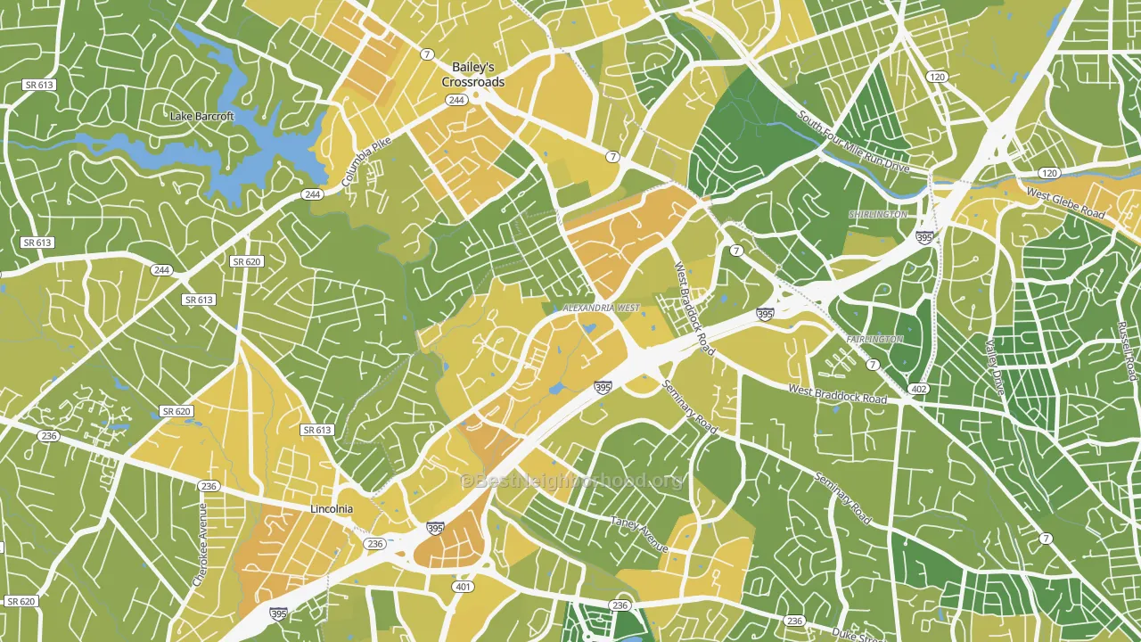 Map of the best neighborhoods in the 22311 area, with better matches in green and worse matches in red