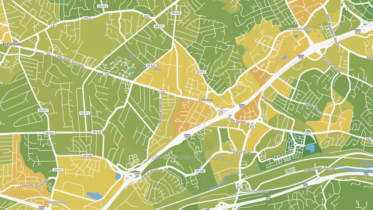 Map of the best neighborhoods in the 22312 area, with better matches in green and worse matches in red