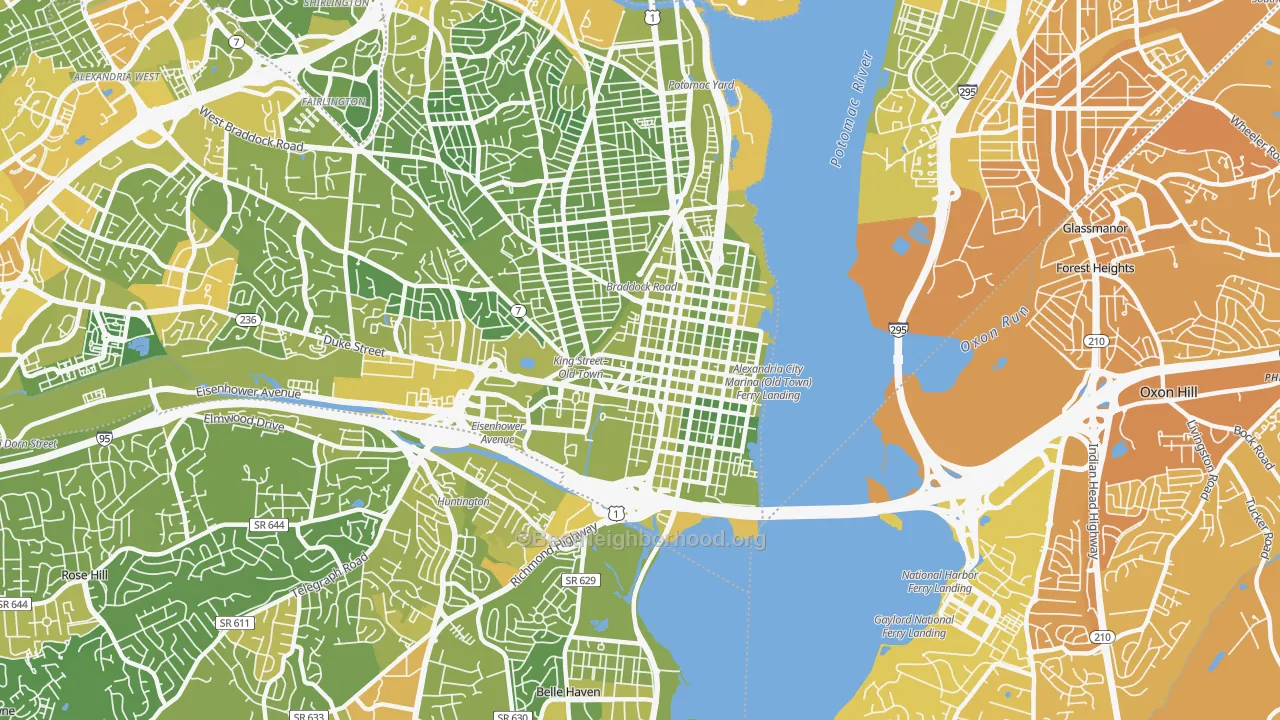 Map of the best neighborhoods in the 22314 area, with better matches in green and worse matches in red