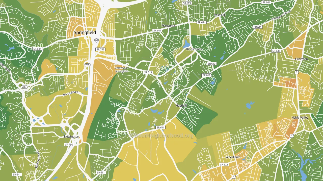 Map of the best neighborhoods in the 22315 area, with better matches in green and worse matches in red