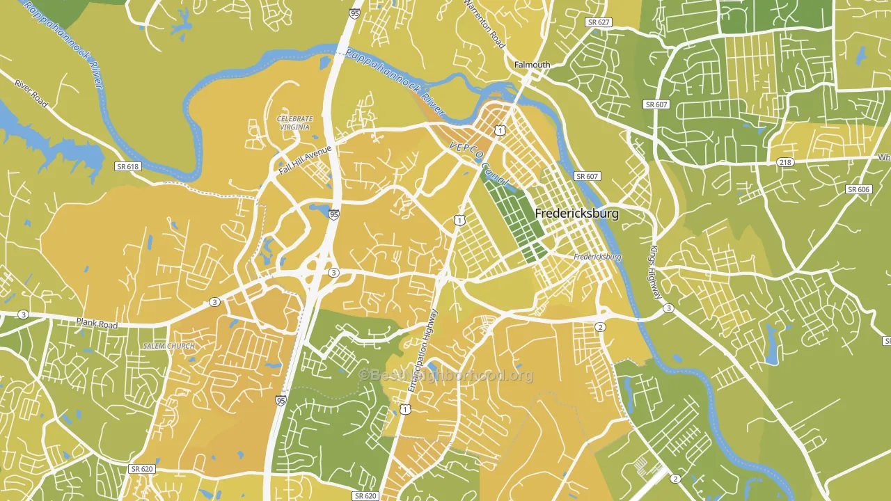 Map of the best neighborhoods in the 22401 area, with better matches in green and worse matches in red