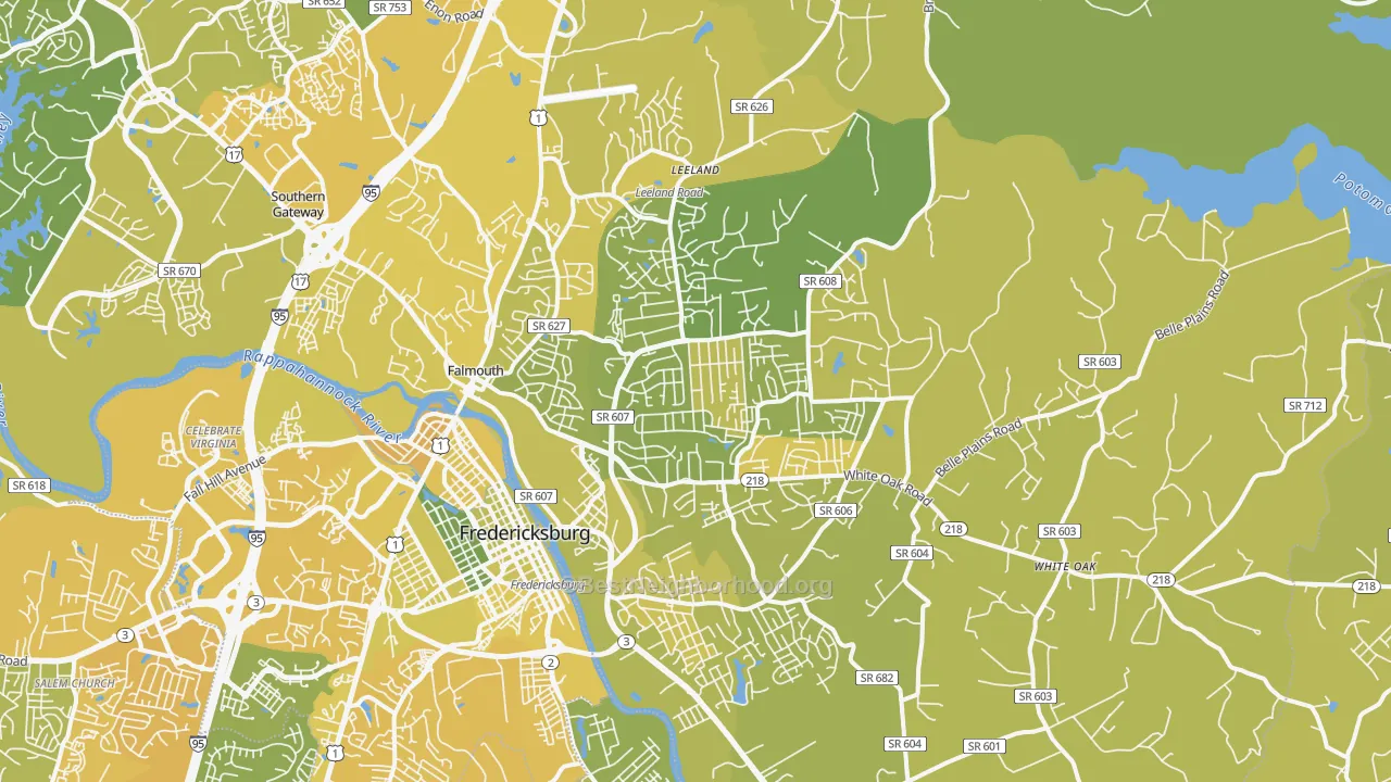 Map of the best neighborhoods in the 22405 area, with better matches in green and worse matches in red