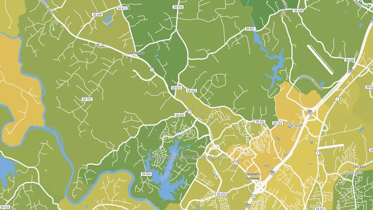 Map of the best neighborhoods in the 22406 area, with better matches in green and worse matches in red