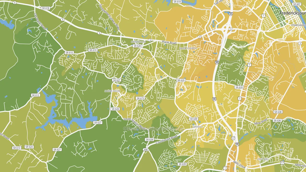 Map of the best neighborhoods in the 22407 area, with better matches in green and worse matches in red