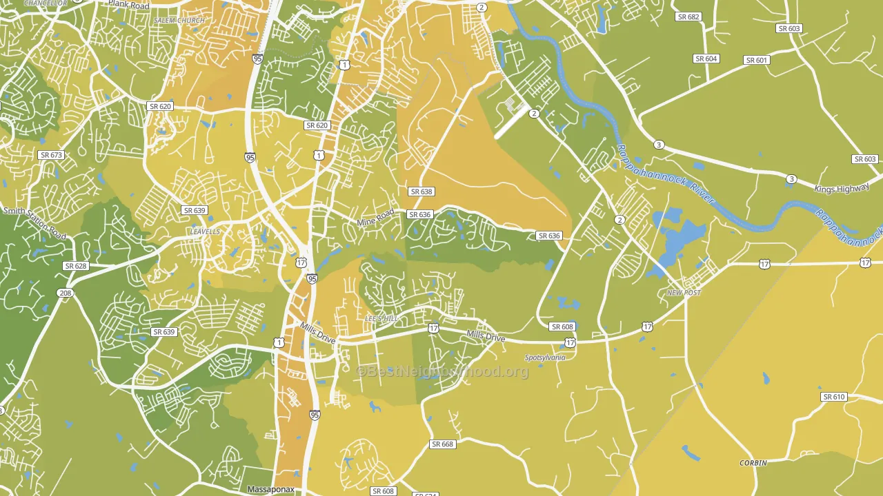 Map of the best neighborhoods in the 22408 area, with better matches in green and worse matches in red