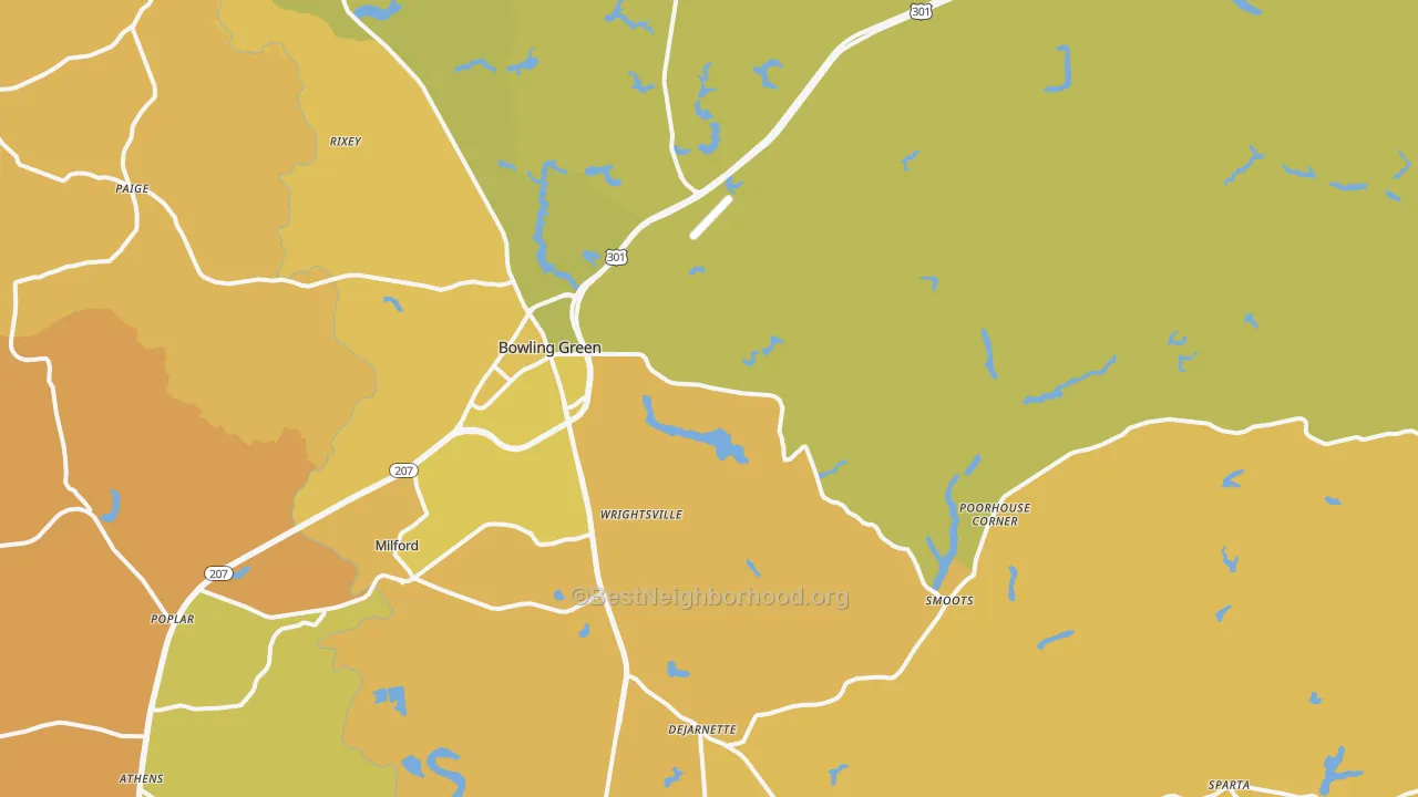 Map of the best neighborhoods in the 22427 area, with better matches in green and worse matches in red