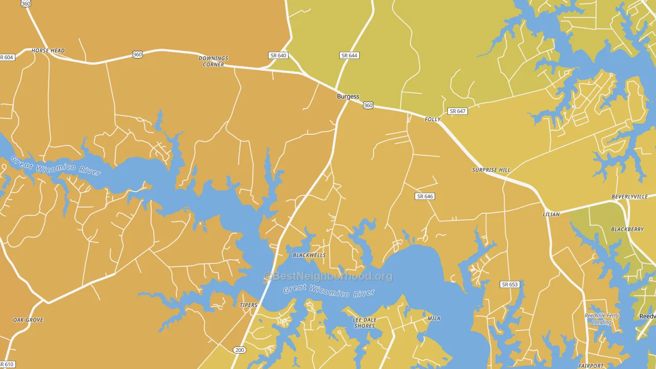 Map of the best neighborhoods in the 22432 area, with better matches in green and worse matches in red
