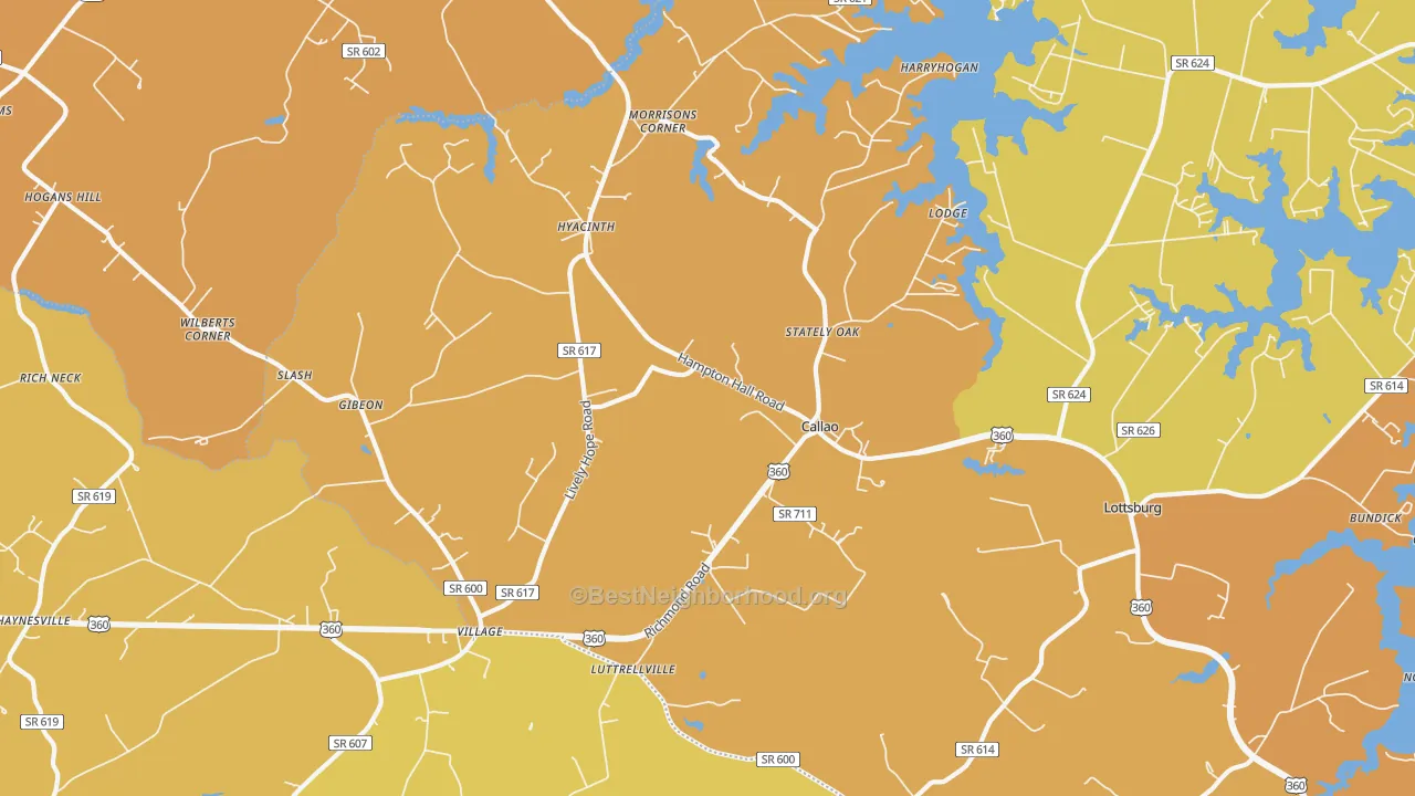 Map of the best neighborhoods in the 22435 area, with better matches in green and worse matches in red