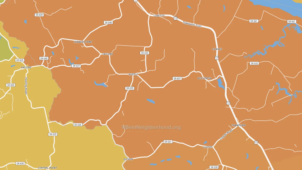 Map of the best neighborhoods in the 22436 area, with better matches in green and worse matches in red