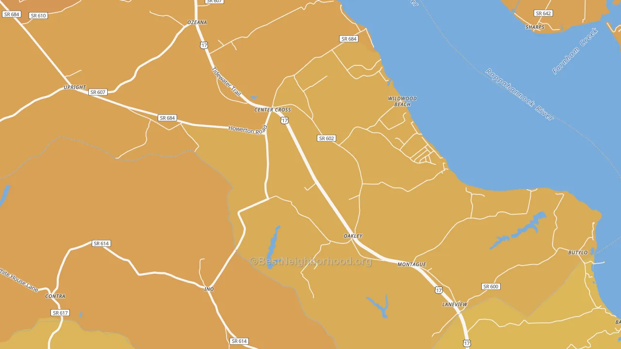 Map of the best neighborhoods in the 22437 area, with better matches in green and worse matches in red