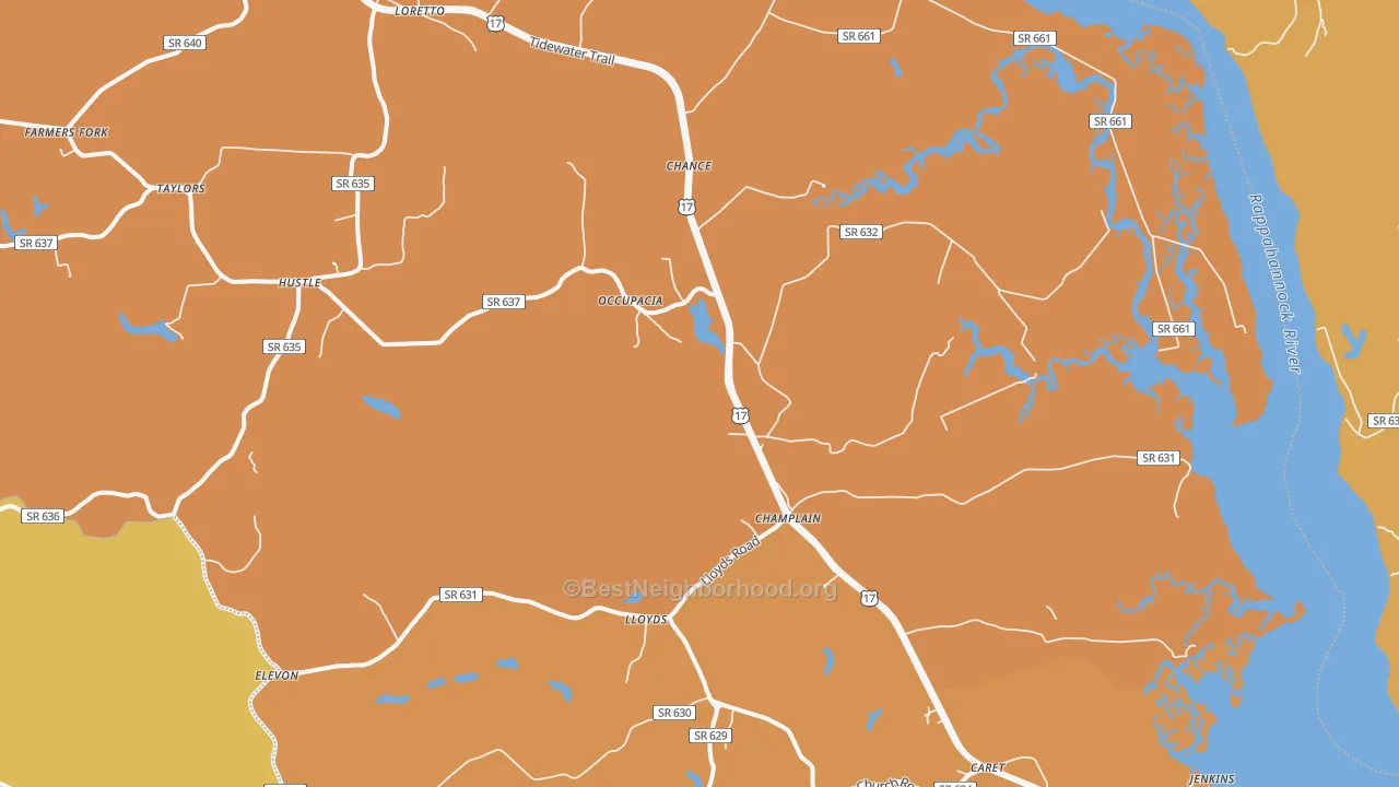 Map of the best neighborhoods in the 22438 area, with better matches in green and worse matches in red