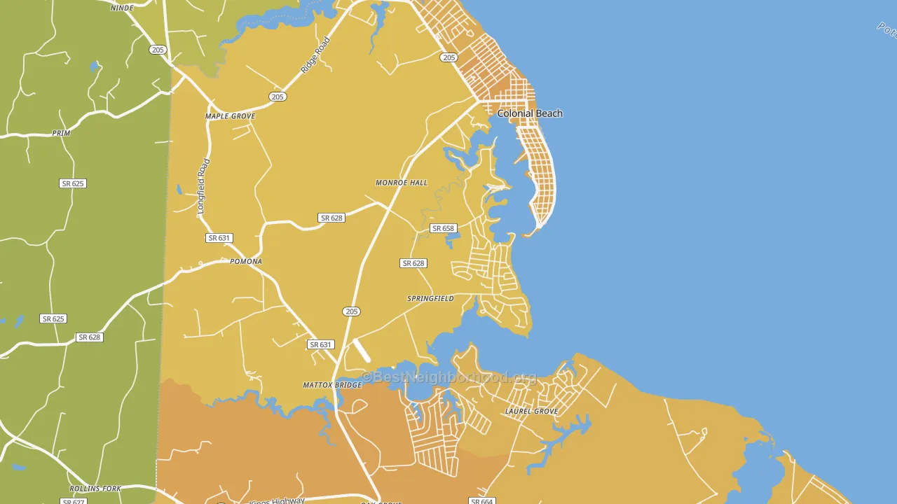 Map of the best neighborhoods in the 22443 area, with better matches in green and worse matches in red