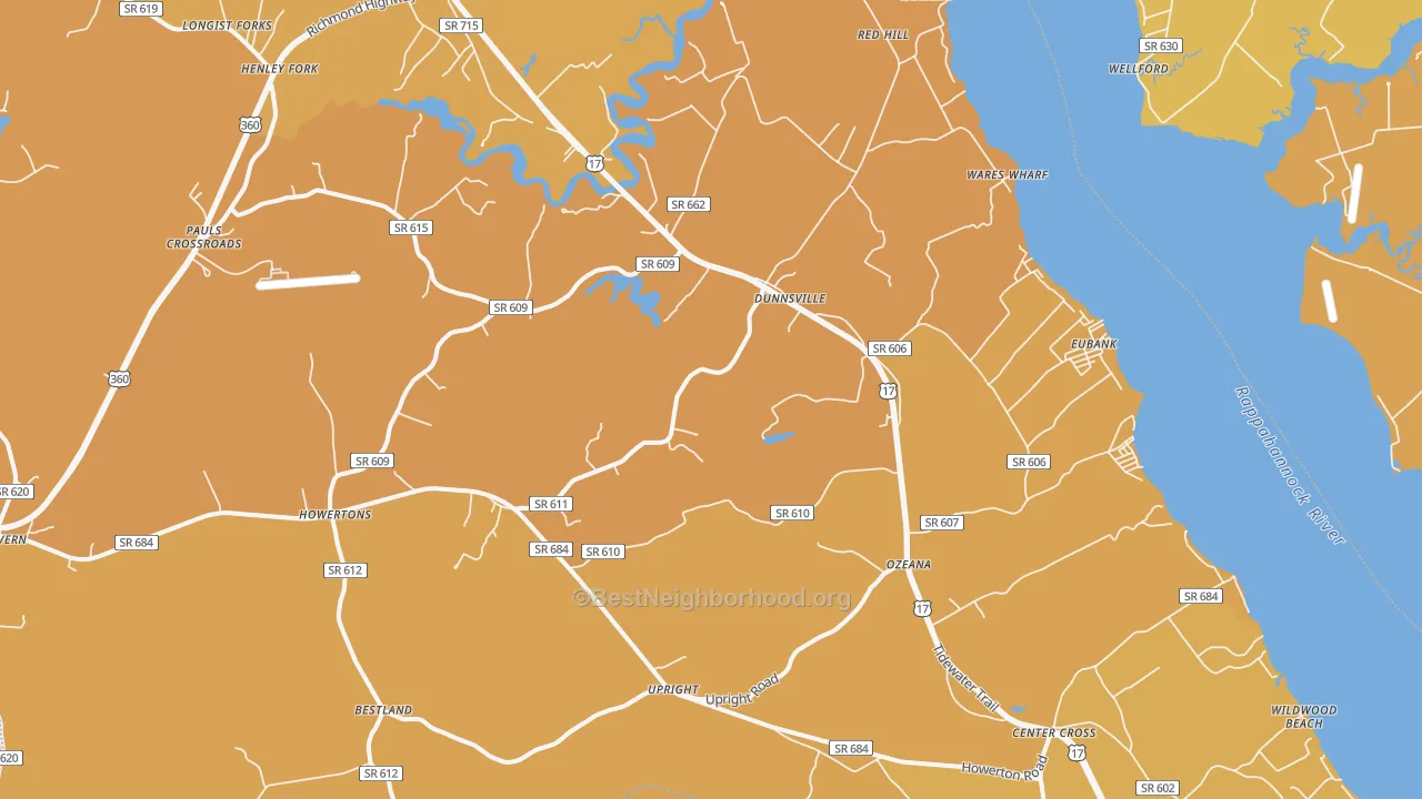 Map of the best neighborhoods in the 22454 area, with better matches in green and worse matches in red