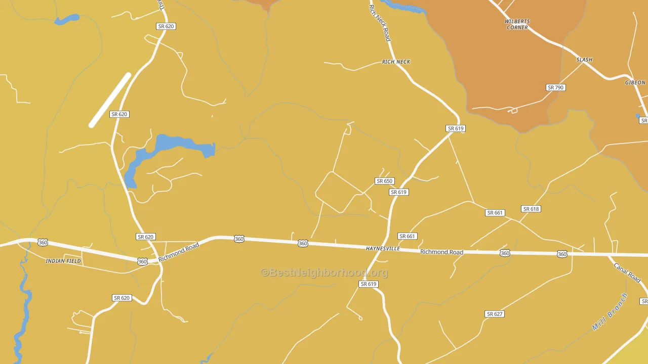 Map of the best neighborhoods in the 22472 area, with better matches in green and worse matches in red
