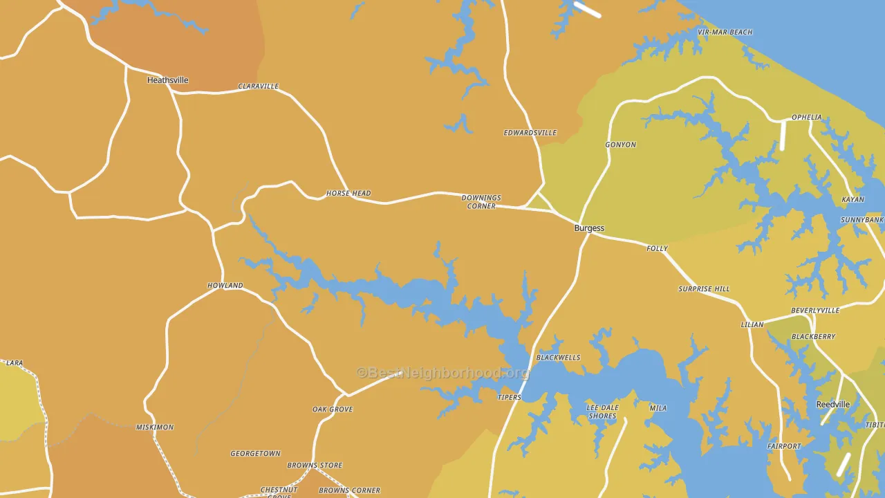 Map of the best neighborhoods in the 22473 area, with better matches in green and worse matches in red