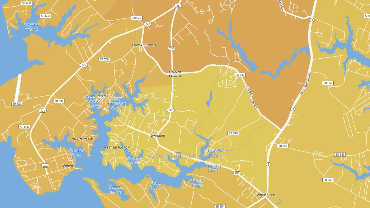 Map of the best neighborhoods in the 22480 area, with better matches in green and worse matches in red